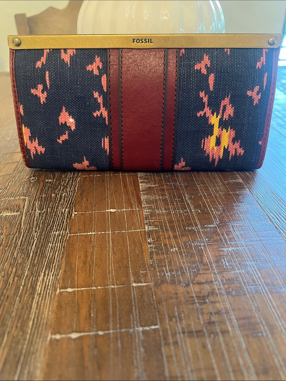 Rare Fossil Navy Canvas Wallet with Burgundy Leather and Coral Pattern